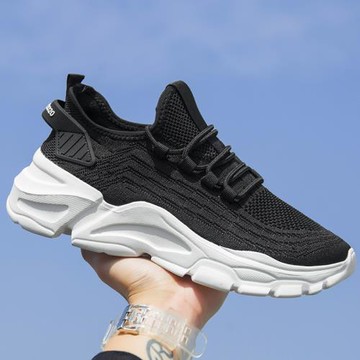 男鞋2026新款冬季飛織網面運動鞋男士黑色休閑老爹鞋增高防滑秋季