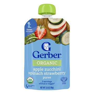 Gerber, 第 2 階段輔食®，有機果泥，學坐期寶寶，蘋果、意大利青瓜、菠菜、草莓，3.5 盎司（99 克）