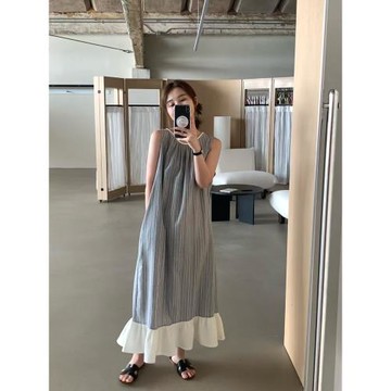 have u條紋下擺花邊背心連衣裙女夏季圓領寬松百搭顯瘦無袖長裙子