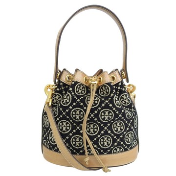 Tory burch - 緹花拼接皮革水桶包 (黑色)