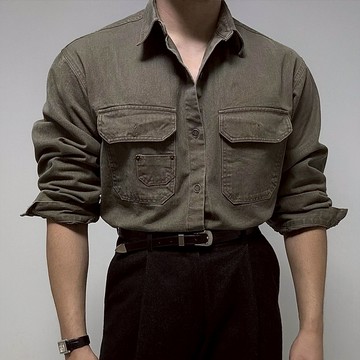 正韓高密度棉雙口袋工裝長袖襯衫 2色 YUPPIE 現貨優惠商品