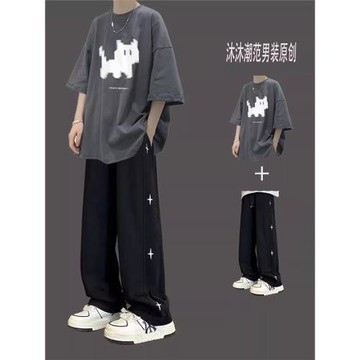 純棉短袖t恤套裝男生酷帥穿搭夏季2025新款男裝一套搭配學生潮流