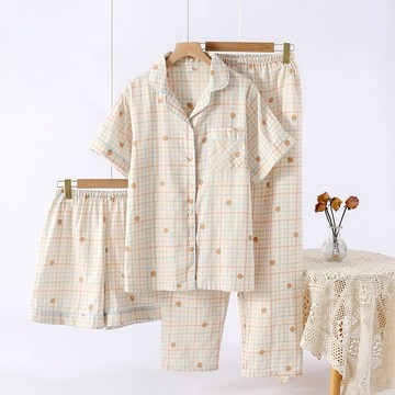 【現貨】純棉紗布女短袖短褲長褲睡衣春夏薄款三件式卡通印花短袖春夏季薄款家居服套裝