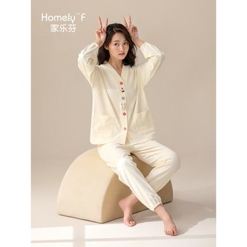 【嬰兒棉】家樂芬睡衣女士春秋款秋季純棉長袖家居服女款大碼套裝