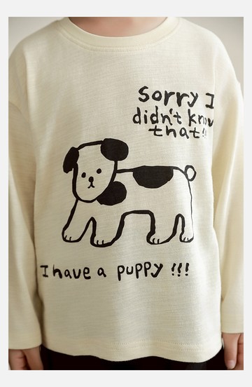 TONGMO - 純棉竹節紋圓領落肩長袖上衣-萌趣狗狗-米色