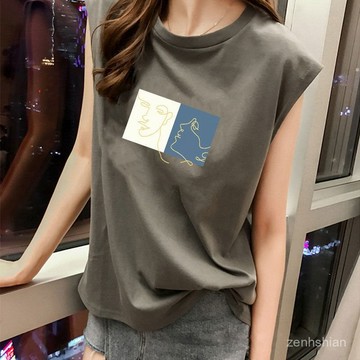 設計感棉t 大尺碼上衣 大碼背心 韓國女裝 印花t恤 圓領上衣 無袖背心 寬鬆上衣 顯瘦遮肚 休閒上衣 無袖上衣 t恤