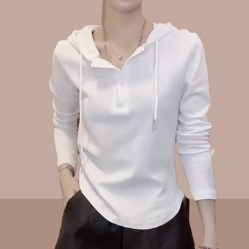 胖胖美依 大尺碼上衣 長袖T卹 衛衣 保暖 中大尺碼 L-4XL新款韓版新款連帽紐扣簡約長袖上衣-13450.