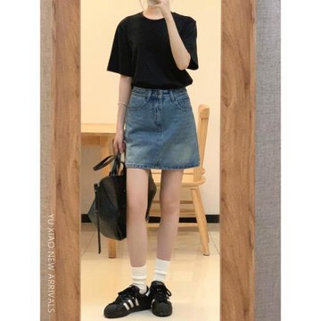 藍色牛仔短裙女夏季新款梨型身材大碼胖mm顯瘦小個子包臀a字裙子