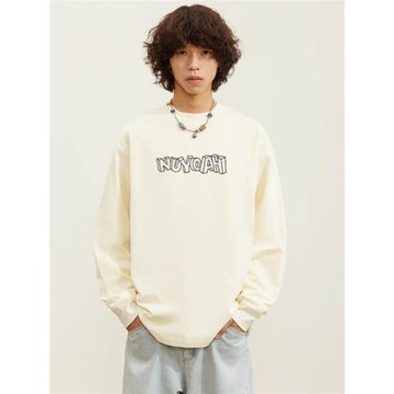 100%純棉重磅260克長袖T恤男秋季寬松圓領潮流字母印花打底衫上衣