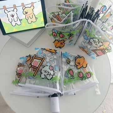 🍀臺灣出貨🍀線條小狗透明雨傘可愛卡通摺疊全自動學生長柄加厚ins風