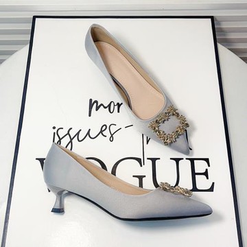 氣質緞面水鉆藍色通勤高跟鞋女尖頭百搭2025年舒適不累腳低跟單鞋