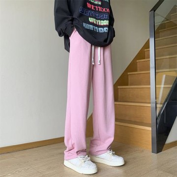 粉紅色褲子男秋季新款潮流寬松闊腿褲男士直筒休閑長褲華夫格衛褲