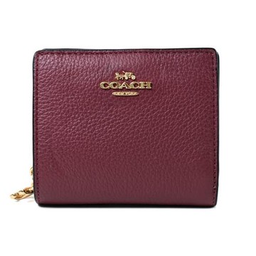 【COACH】鵝卵石皮革二折短夾-酒紅色