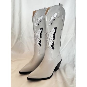 2026歐美新款尖頭粗跟拼色刺繡時裝靴復古高筒側拉鏈增高西部靴女