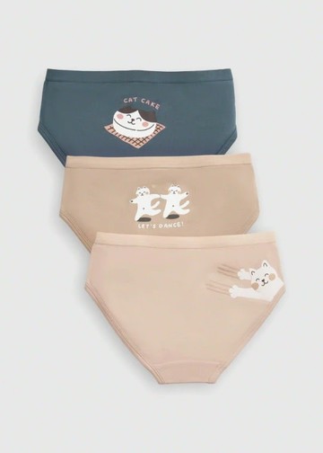 女童三入組_ 抗菌系列．緊帶三角內褲(歡樂小貓)