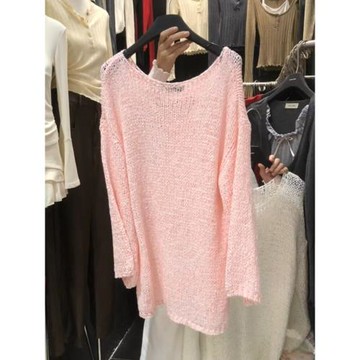 慵懶風露肩鏤空粗針毛衣女2024秋季新款一字肩中長款寬松針織衫潮