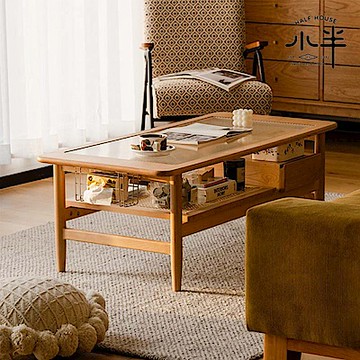 【小半家具】來古茶几 北歐櫻桃木實木藤編玻璃茶几 (H014347588)