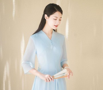 新中式  中國風改良漢服白色仙氣禪意旗袍唐裝藍色連衣裙洋裝