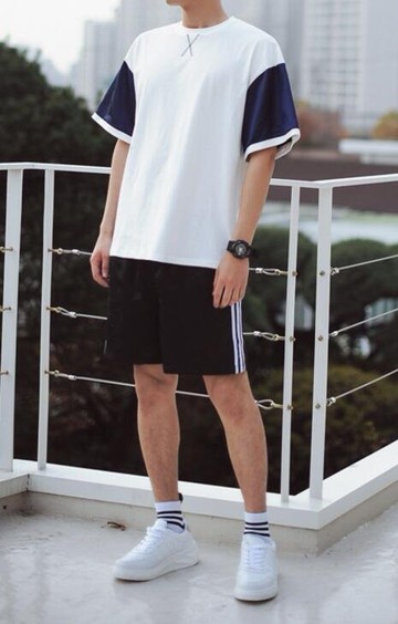 FINDSENSE 品牌 時尚休閒 男士 圓領 袖子拼色短袖T恤