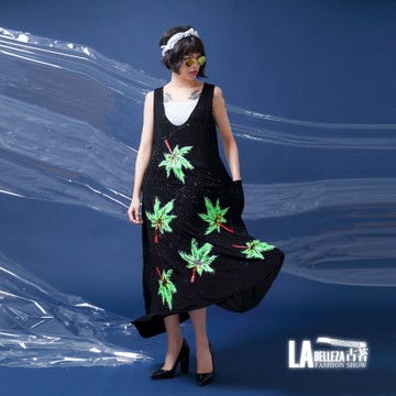 古著 綠色楓葉彩色潑墨側口袋U領背心棉洋裝