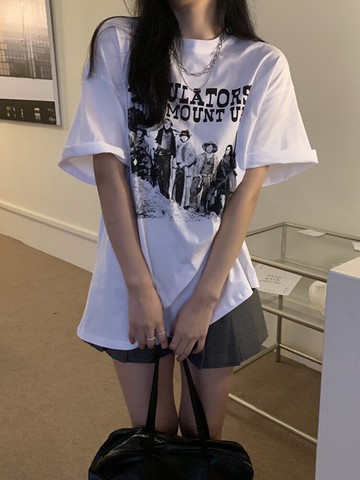 復古印花白色短袖t恤女年新款夏季韓版寬松百搭顯瘦上衣ins潮