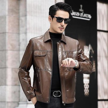 【米蘭精品】真皮皮衣外套-頭層山羊皮翻領休閒夾克商務男外套2色74ja66