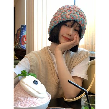 彩色粗針織毛線帽女秋冬季韓版寬松顯臉小漁夫帽日系大頭圍帽子潮