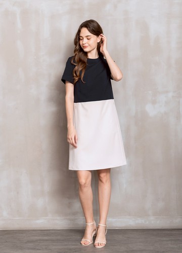 都會質感色塊拼接直筒洋裝