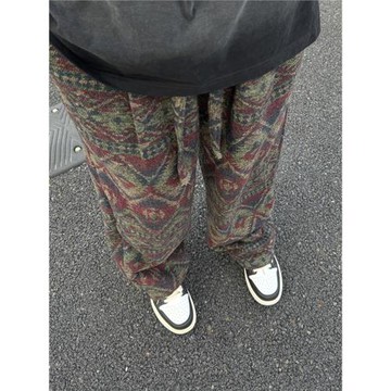 民族風vintage針織提花衛褲男款2025春季美式直筒寬松休閑臟臟褲