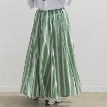 日本 OMNES - 100%印度棉 清爽飄逸長裙-綠條紋