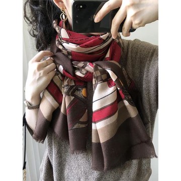 100%純羊毛圍巾女春秋洋氣百搭撞色格子保暖圍脖輕薄款長披肩秋季