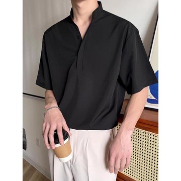 輕熟風百搭立領襯衫男短袖冰絲雪紡半袖襯衣設計感夏季polo衫T恤