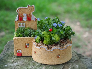 【花園小屋Garden】陶手作-超可愛貓咪花園/岩石黃色/不含植物