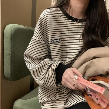 🔥熱賣款🔥條紋T恤打底衫女秋季新款圓領長袖衛衣女韓版上衣服女裝外貿