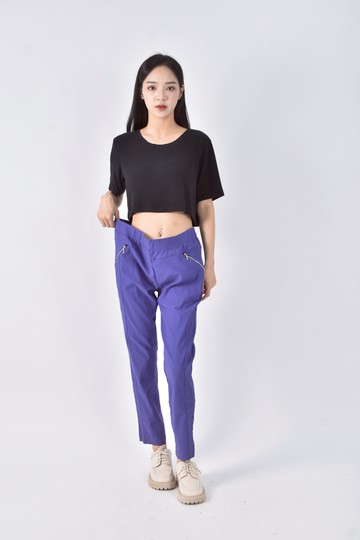 (2XL) 高腰車線拉鍊藍色長褲