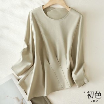初色 簡約長袖圓領不規則抽褶衣襬上衣-灰綠色-30237(M-2XL可選/現貨+預購)