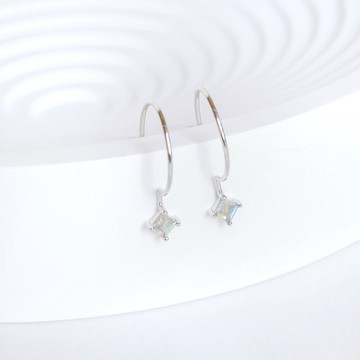 鑽面拉長石925純銀方塊耳勾式耳環