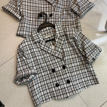 復古格子短款西裝襯衫女B-19夏季新款氣質短袖薄款寬松顯瘦上衣