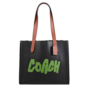 COACH CBF33 RELAY 塗鴉LOGO內裏印花托特購物包.黑/咖邊
