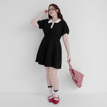 【PolyLulu】 POLO領撞色短洋裝(附綁帶) 中大尺碼洋裝