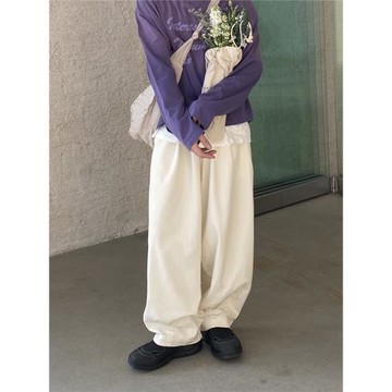 longroad 日系復古米色休閑闊腿褲寬松直筒長褲男春夏中腰百搭潮
