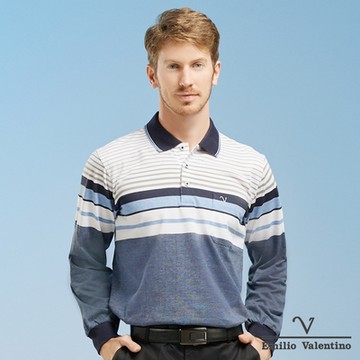 Emilio Valentino范倫鐵諾橫紋胸袋薄長袖POLO衫_藍/白(15-1V5962)