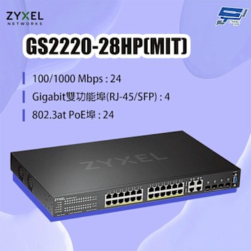 ZYXEL 合勤 GS2220-28HP(MIT) 24埠GbE L2 PoE交換器 昌運監視器