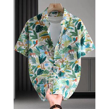 100%純棉碎花短袖襯衫男夏威夷花襯衫薄款寬松休閑大碼短袖襯衣男