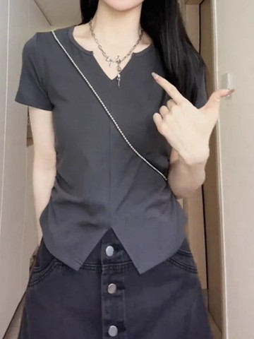 夏季女裝 韩系 設計感 別緻大碼韓系胖MM 顯瘦 不規則夏季短袖 上衣潮