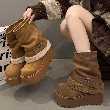 內刷毛厚底靴．保暖絨布釦環拼接中筒靴．白鳥麗子