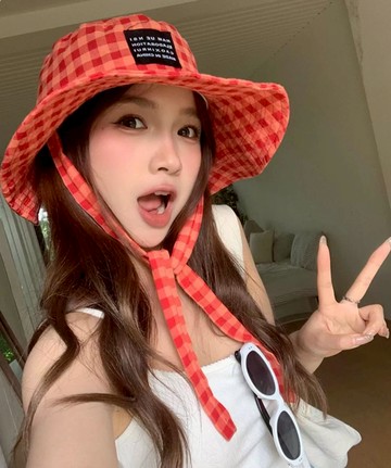 日系甜美格紋薄款遮陽漁夫帽