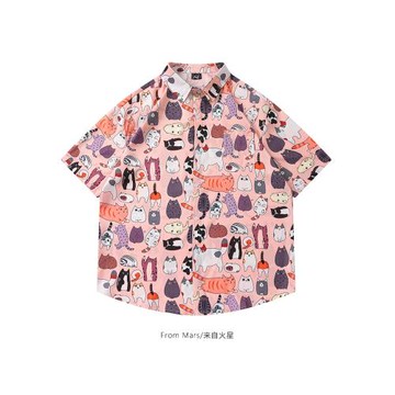 From Mars 都是大胖貓 日系cityboy卡通貓咪滿印短袖襯衫寬松情侶