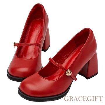 【Grace Gift】潘潘聯名-迷你蝴蝶餅高跟瑪莉珍鞋 正紅