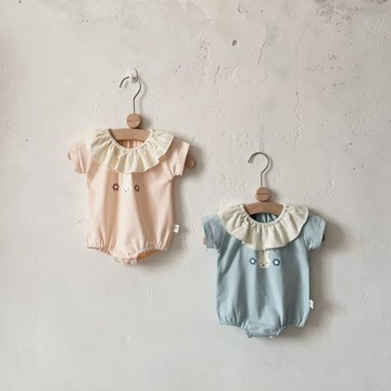 INS款夏季嬰幼兒拷邊荷葉領包屁衣 印花兔拼色短袖哈衣 男女寶寶連身衣 外出爬服 嬰兒衣服 寶寶夏裝